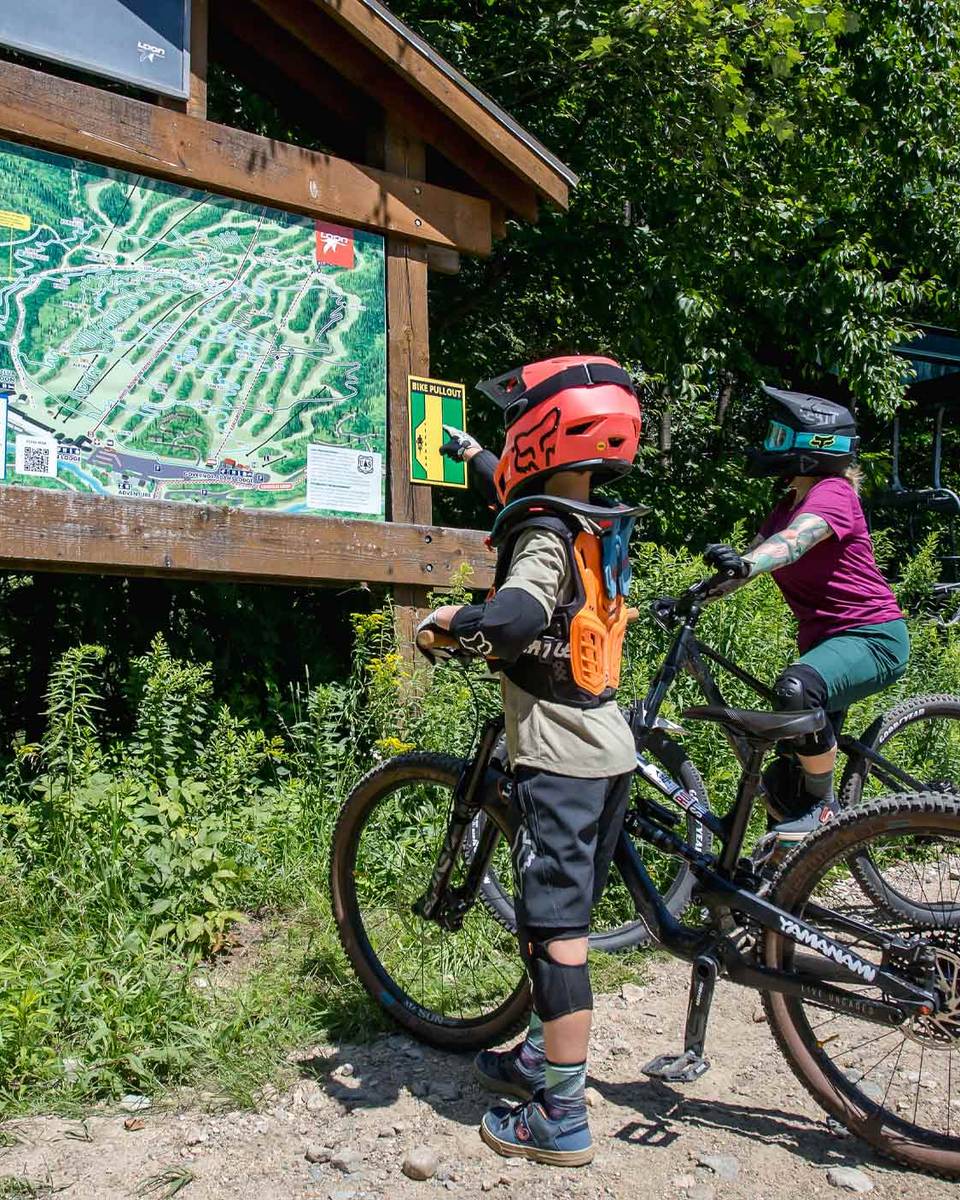Mountain bikers looking at trail map