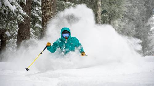 Skier in green jacket charging through the snow