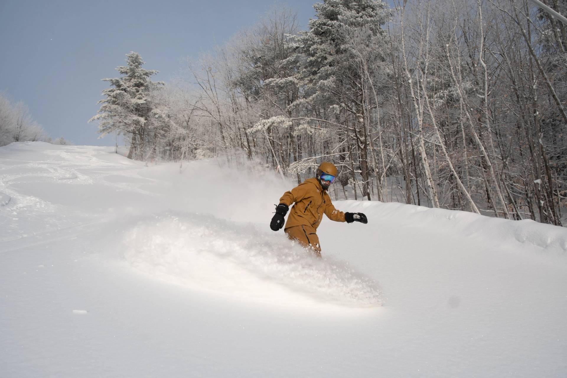 Monochrome snowboarder in new snow.