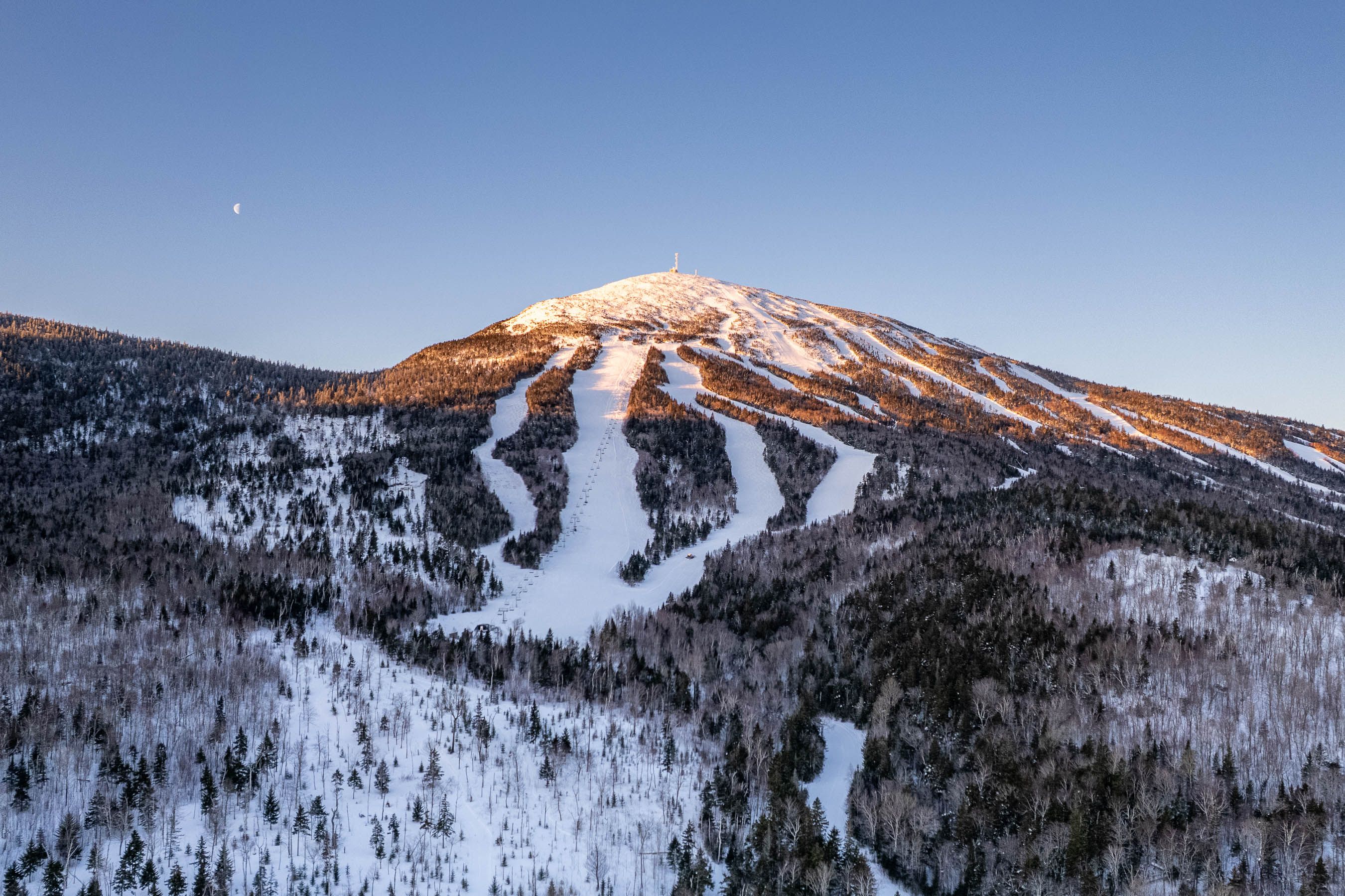 Ariel view of Sugarloaf during sunrise on a bluebird day
