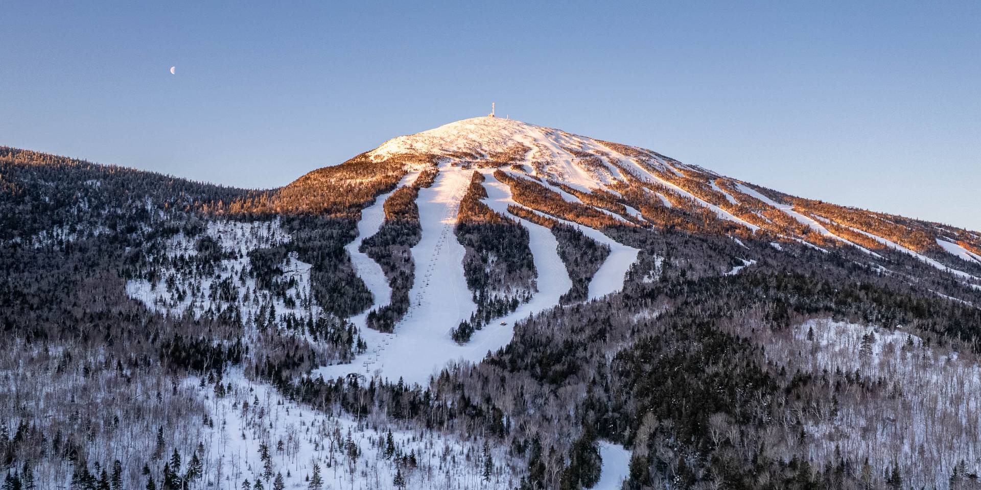 Ariel view of Sugarloaf during sunrise on a bluebird day