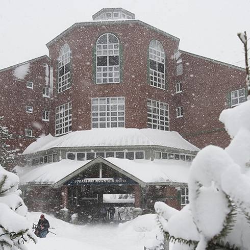 Snowy hotel exterior
