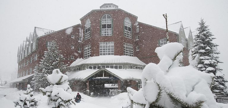 snowy hotel exterior