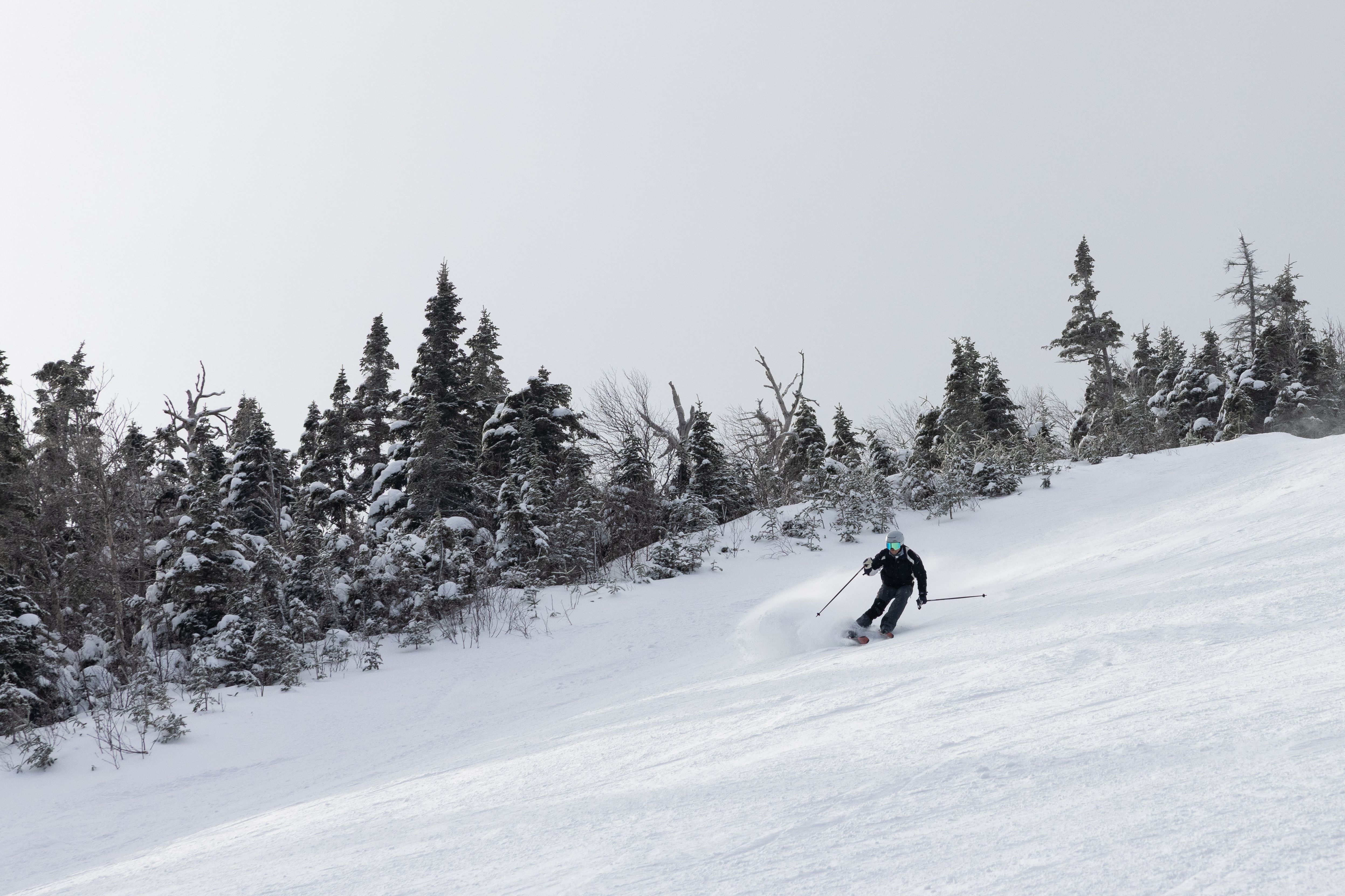 Skier rips down Haulback on a cloudy day 