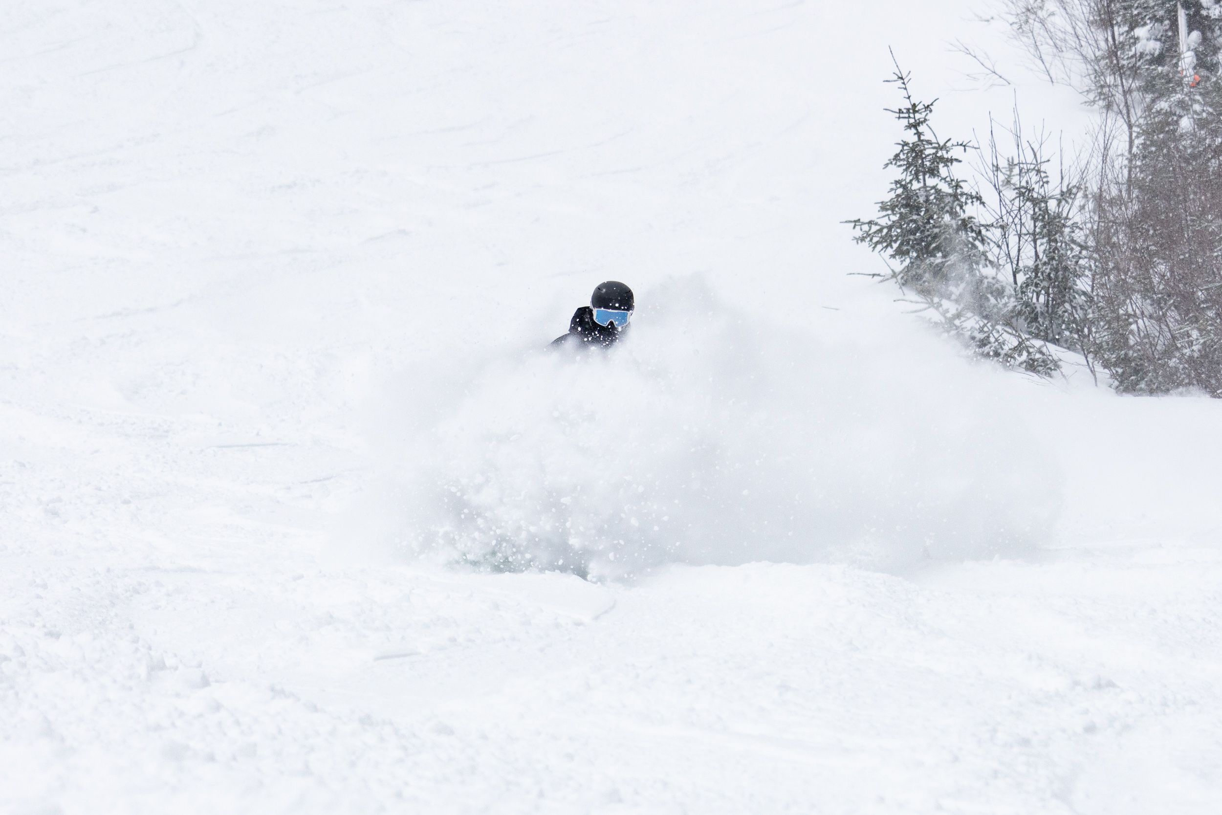 Snowboarder in black carves through perfect powder