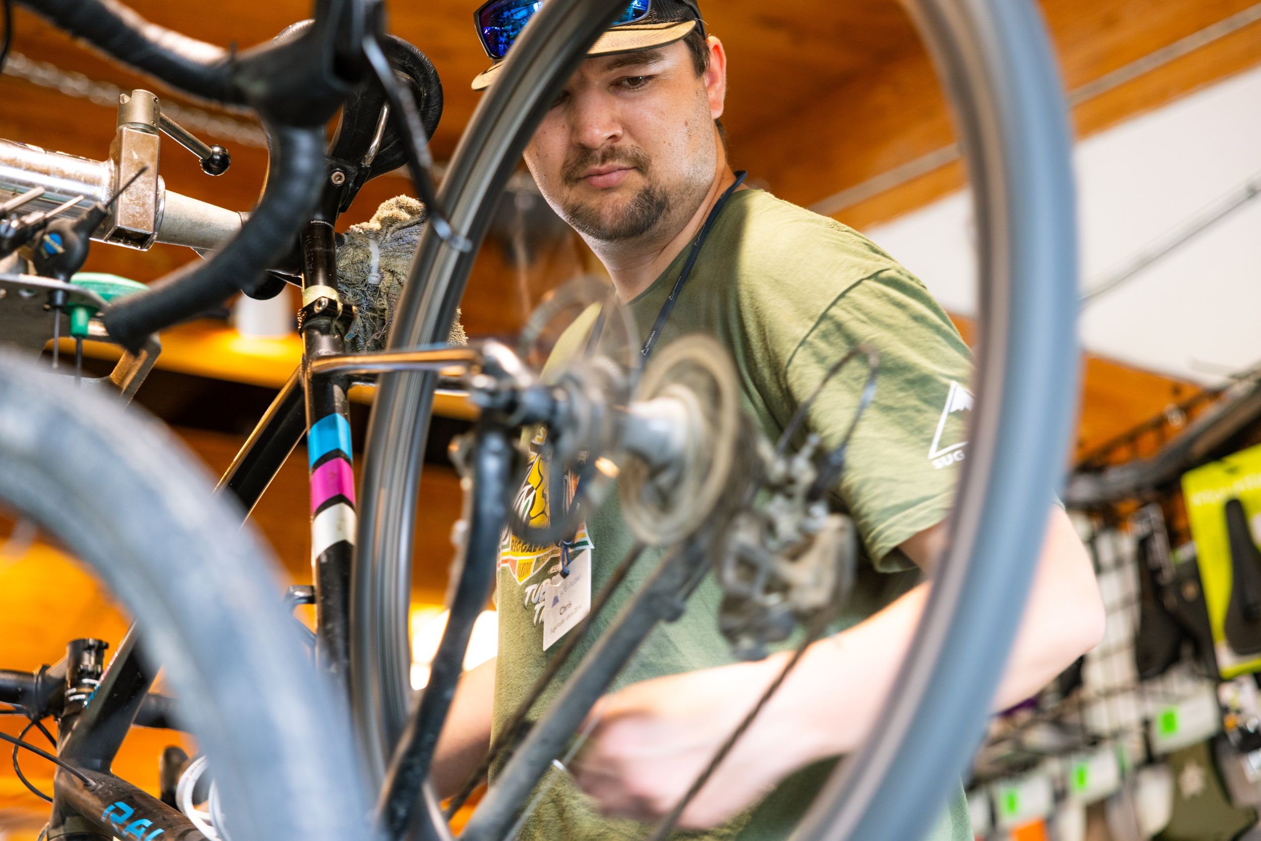 bike mechanic working on bike