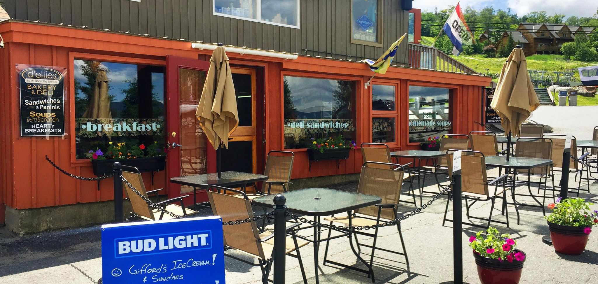 D'Ellies exterior on a bright, sunny day 