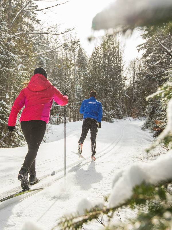 Two cross country skiers on a beautifully groomed trail