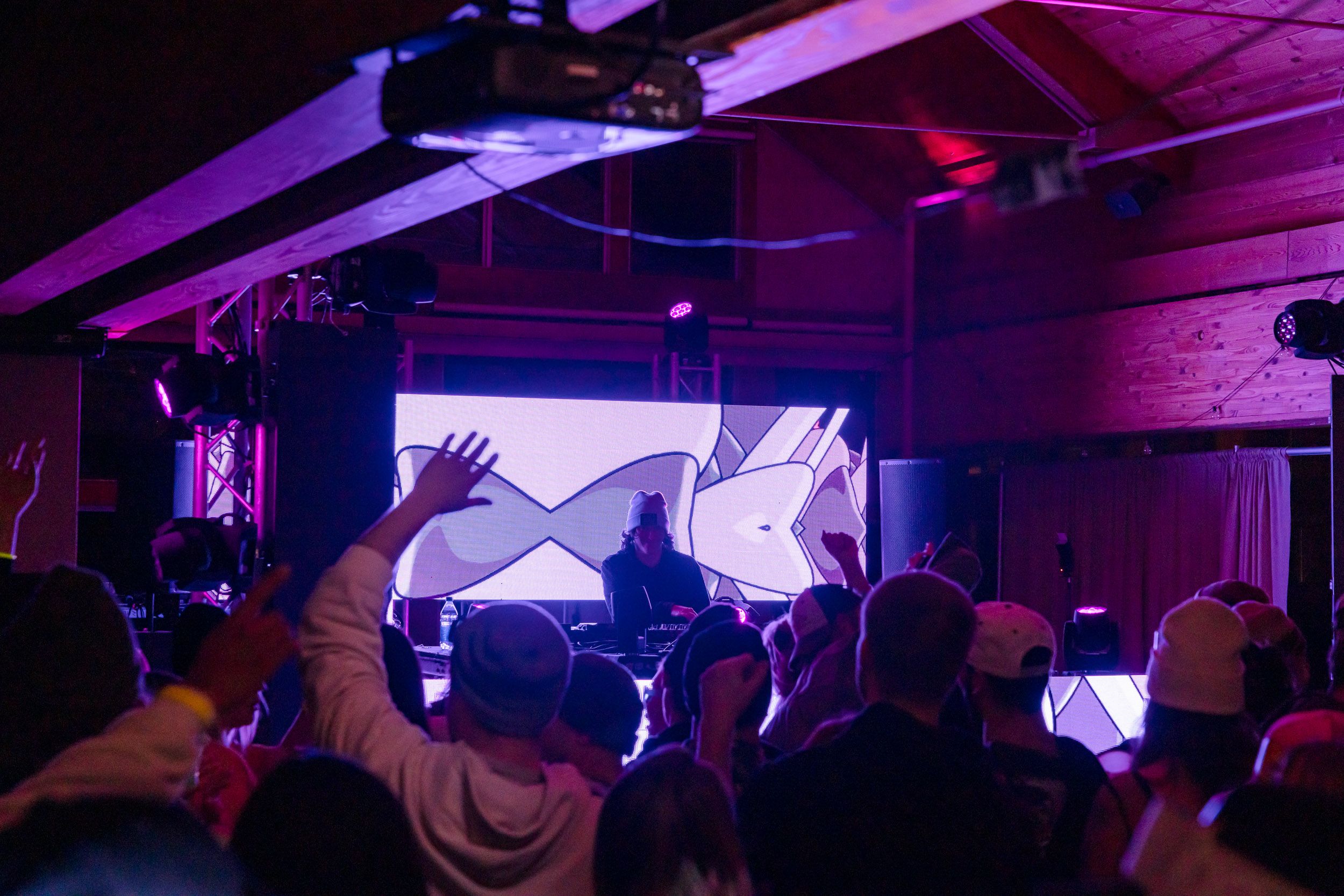 Event attendees dancing to electric music and lights
