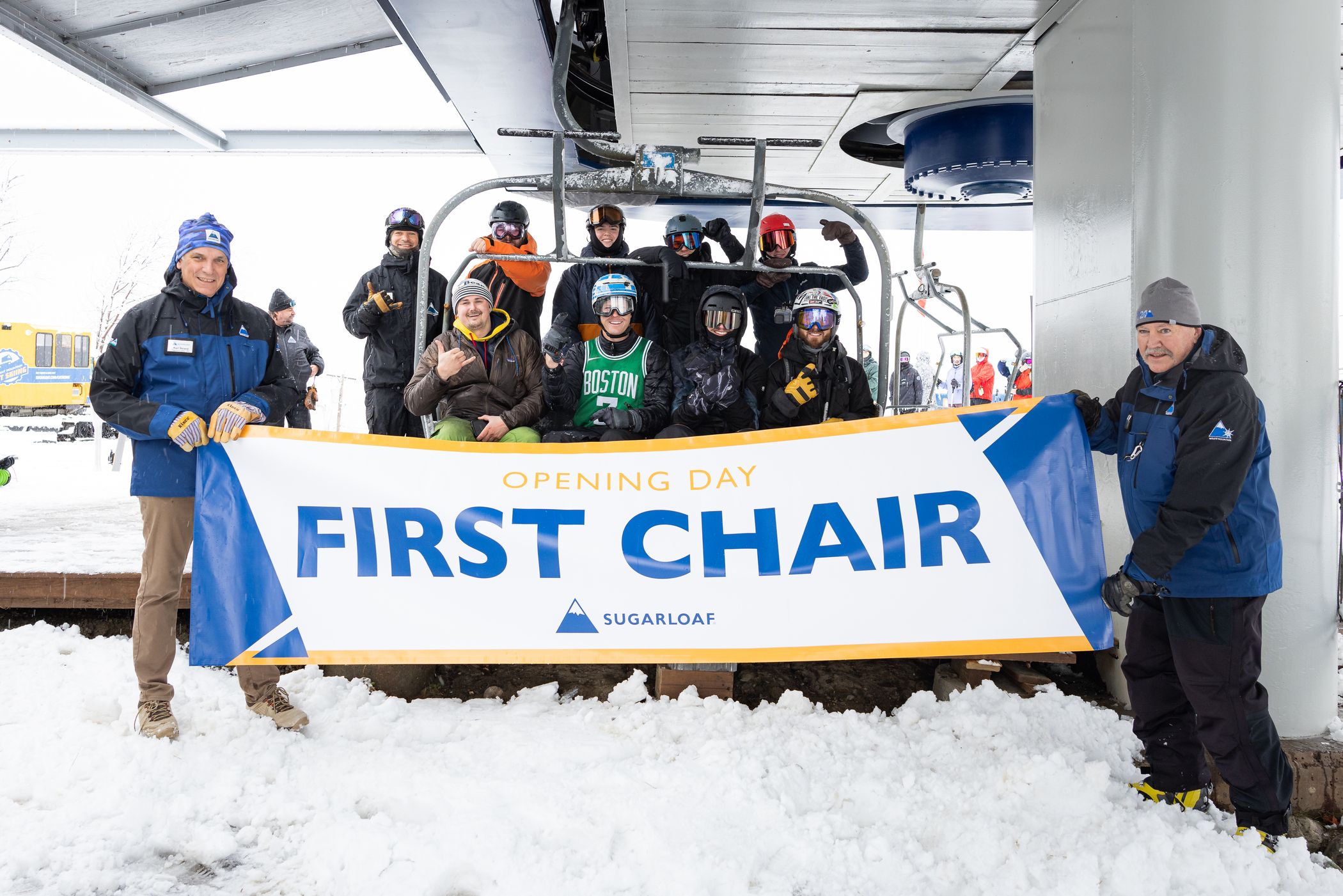 Sugarloaf wind flags with mountain background