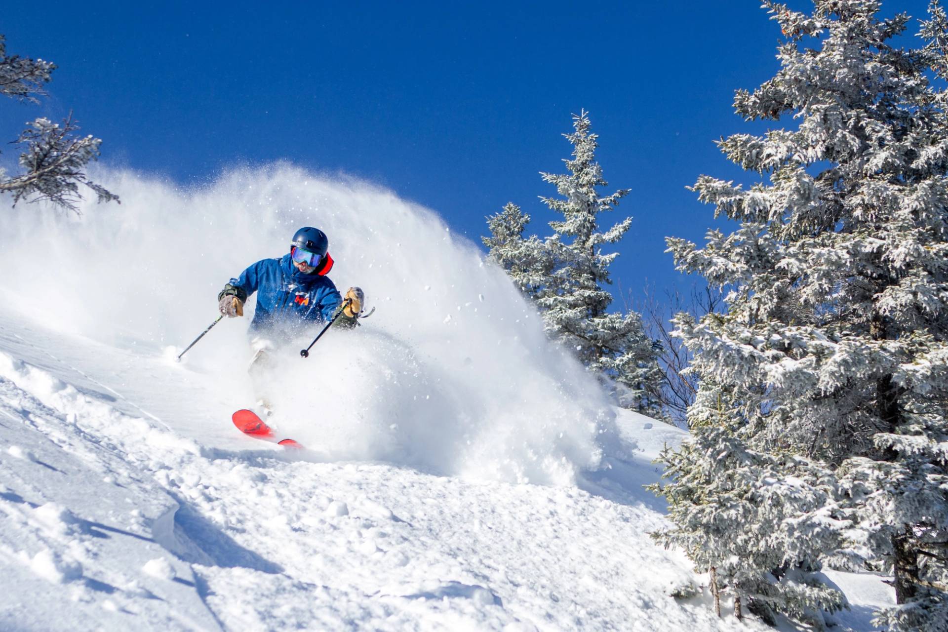 Skier in blue jacket on a blue bird day