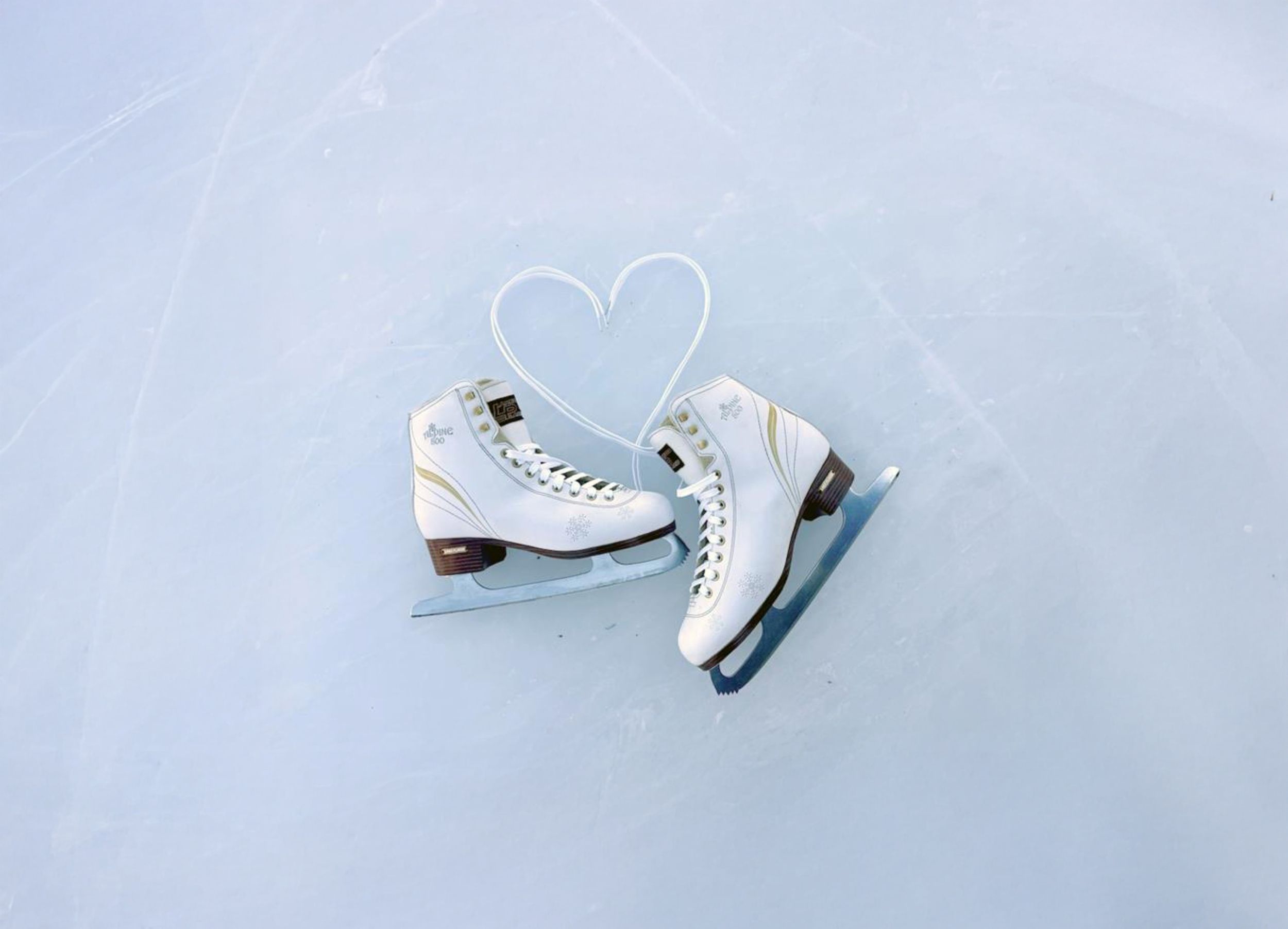 Figure skates on ice with laces shaped as a heart