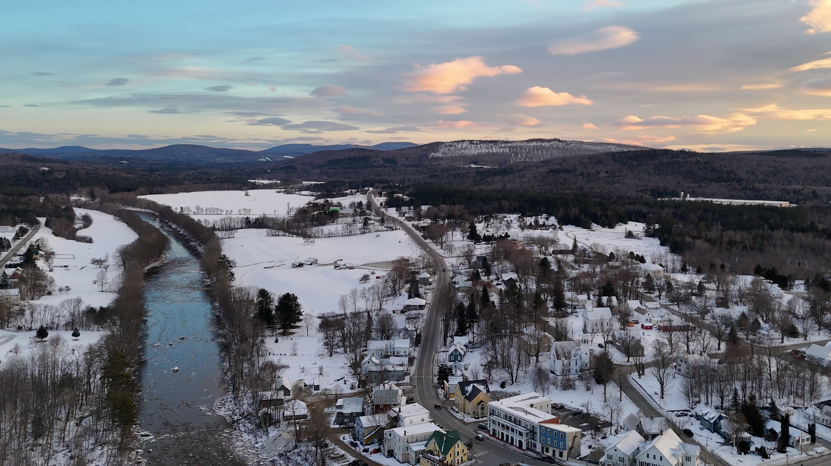 Drone photo of downtown Kingfield