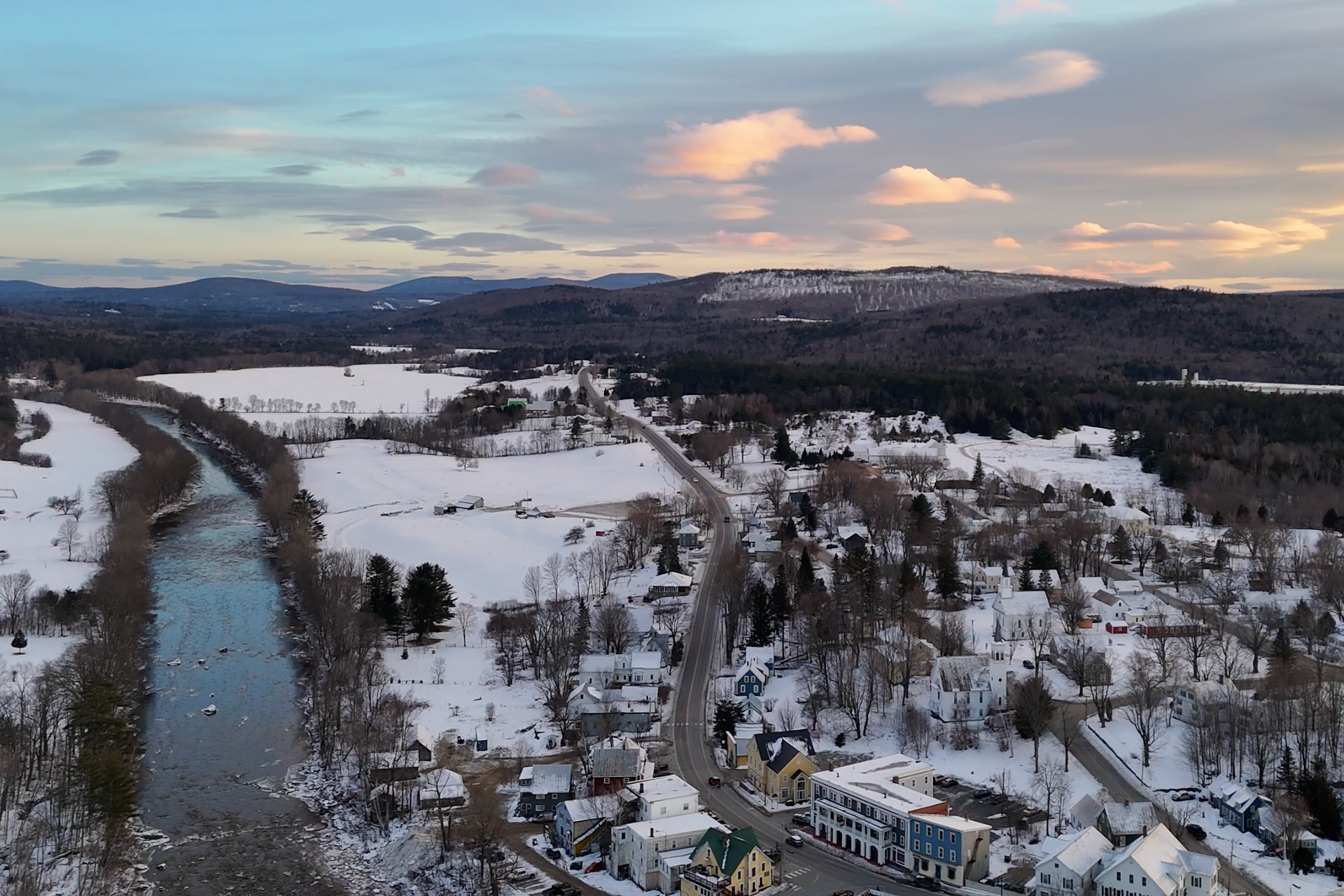 Drone photo of downtown Kingfield