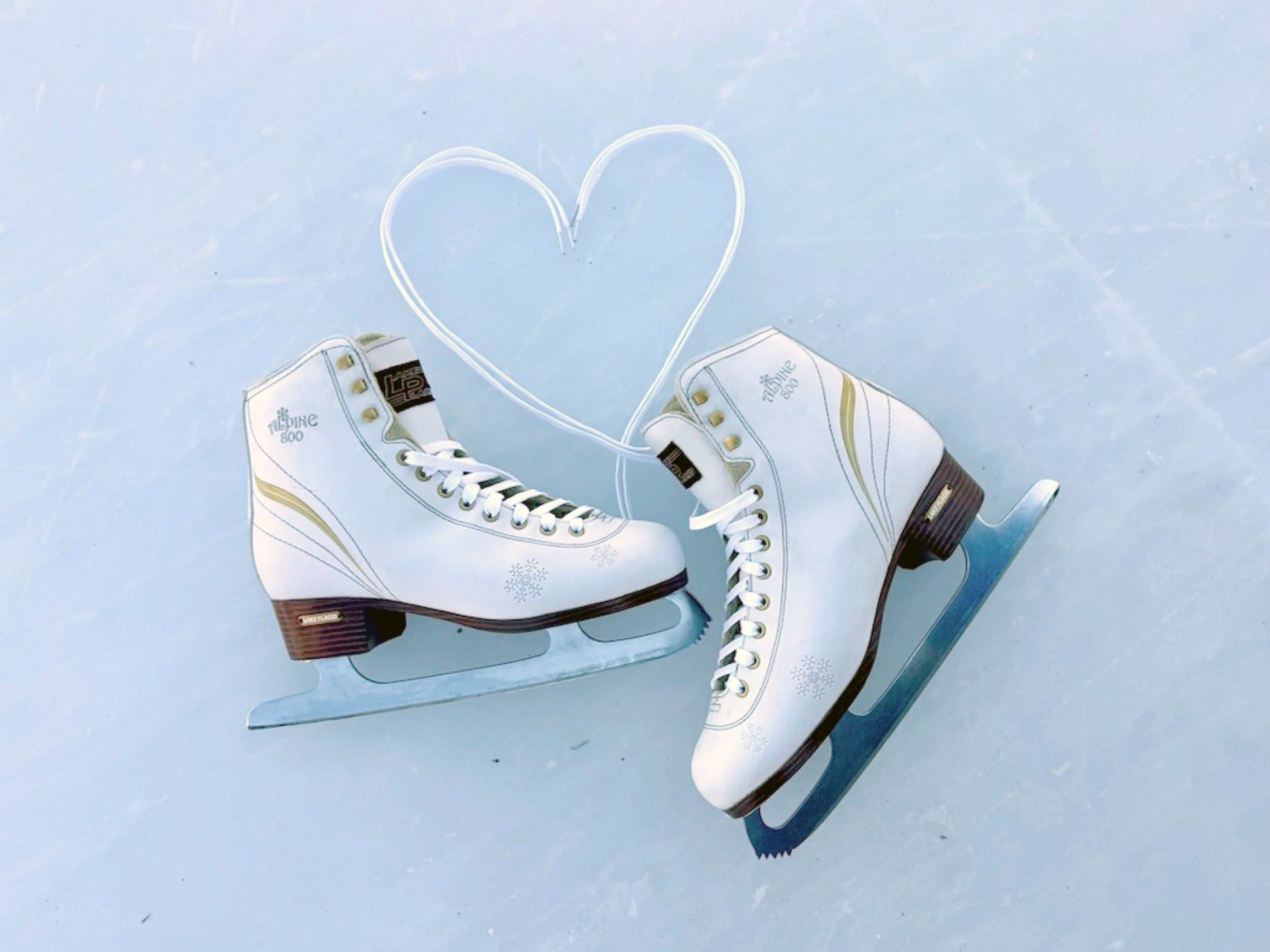 Figure skates on ice with laces shaped as a heart