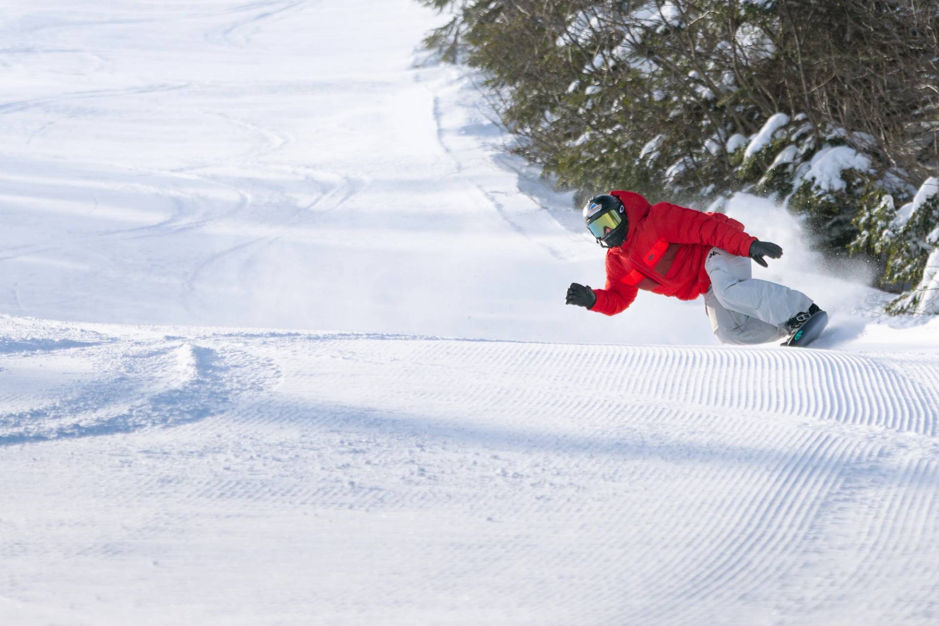 Snowboarder in red carves through perfect corduroy on Widowmaker