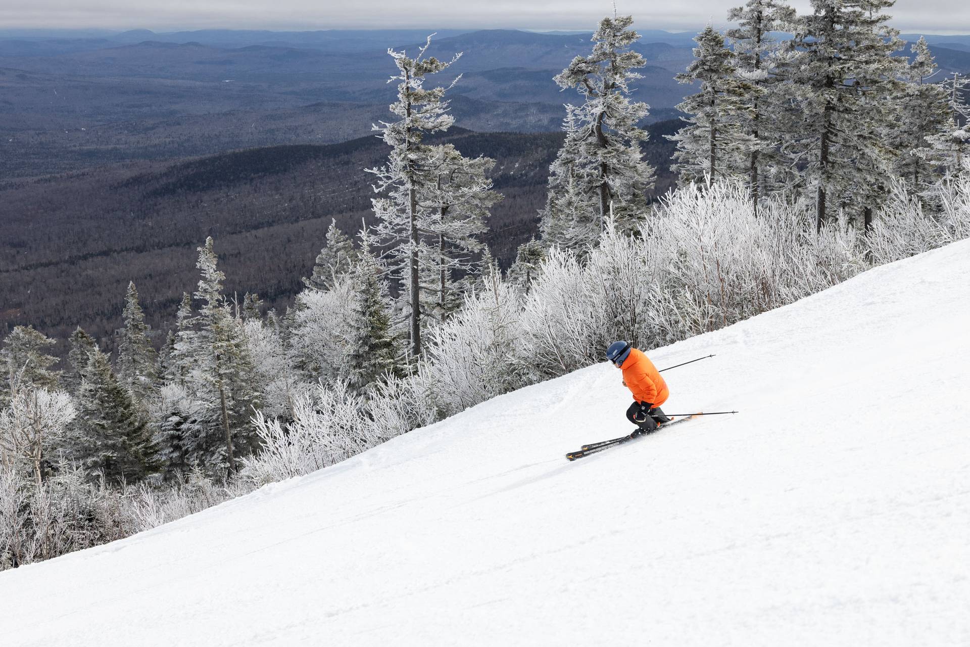 A skier in an orange jacket rips down Hayburner in front of mountains