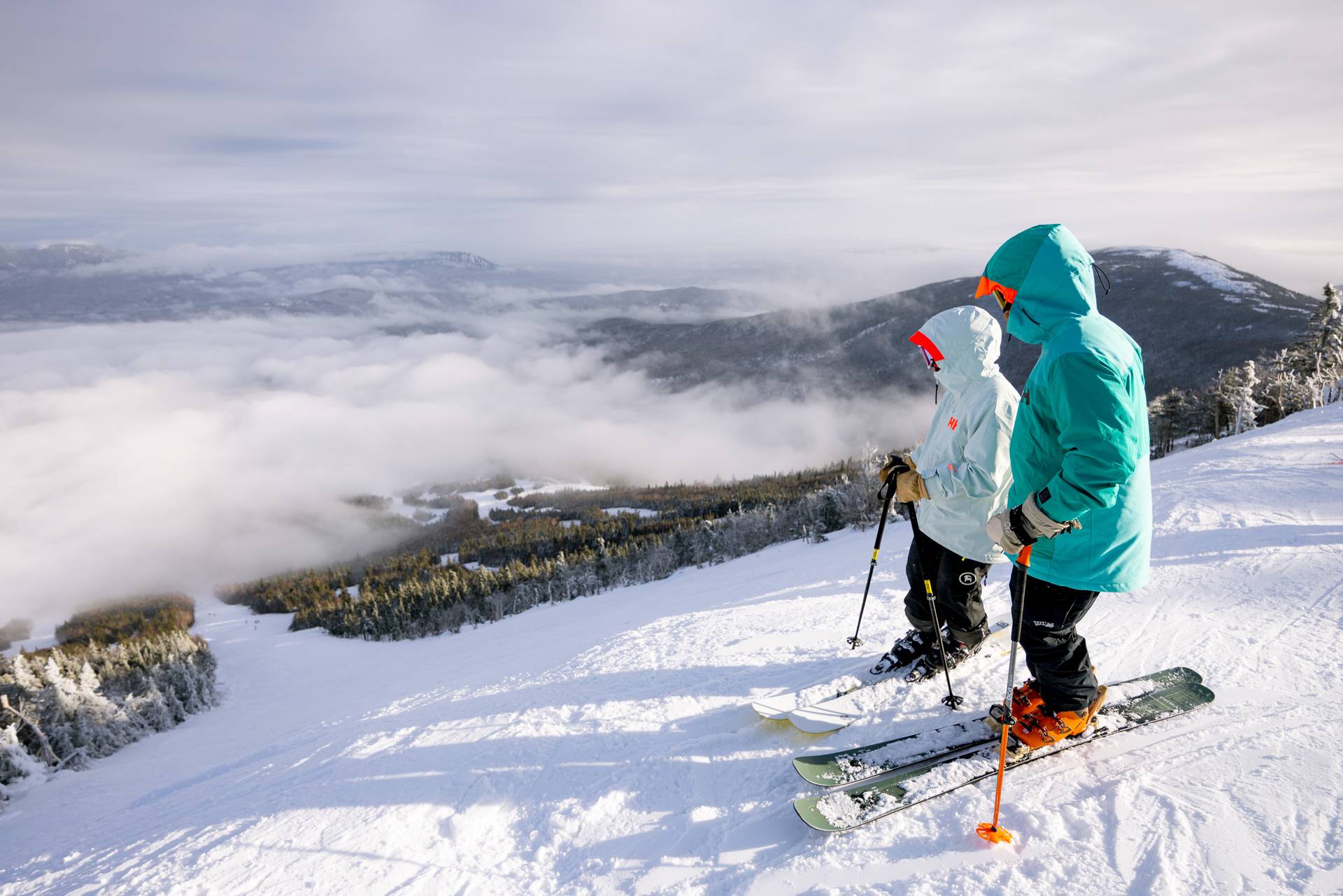 Skiers looking down the freshly opened Gondi Line