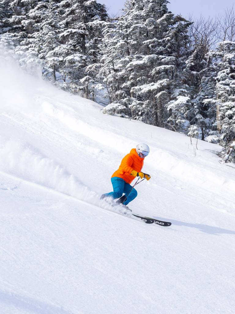 skier in orange jacket