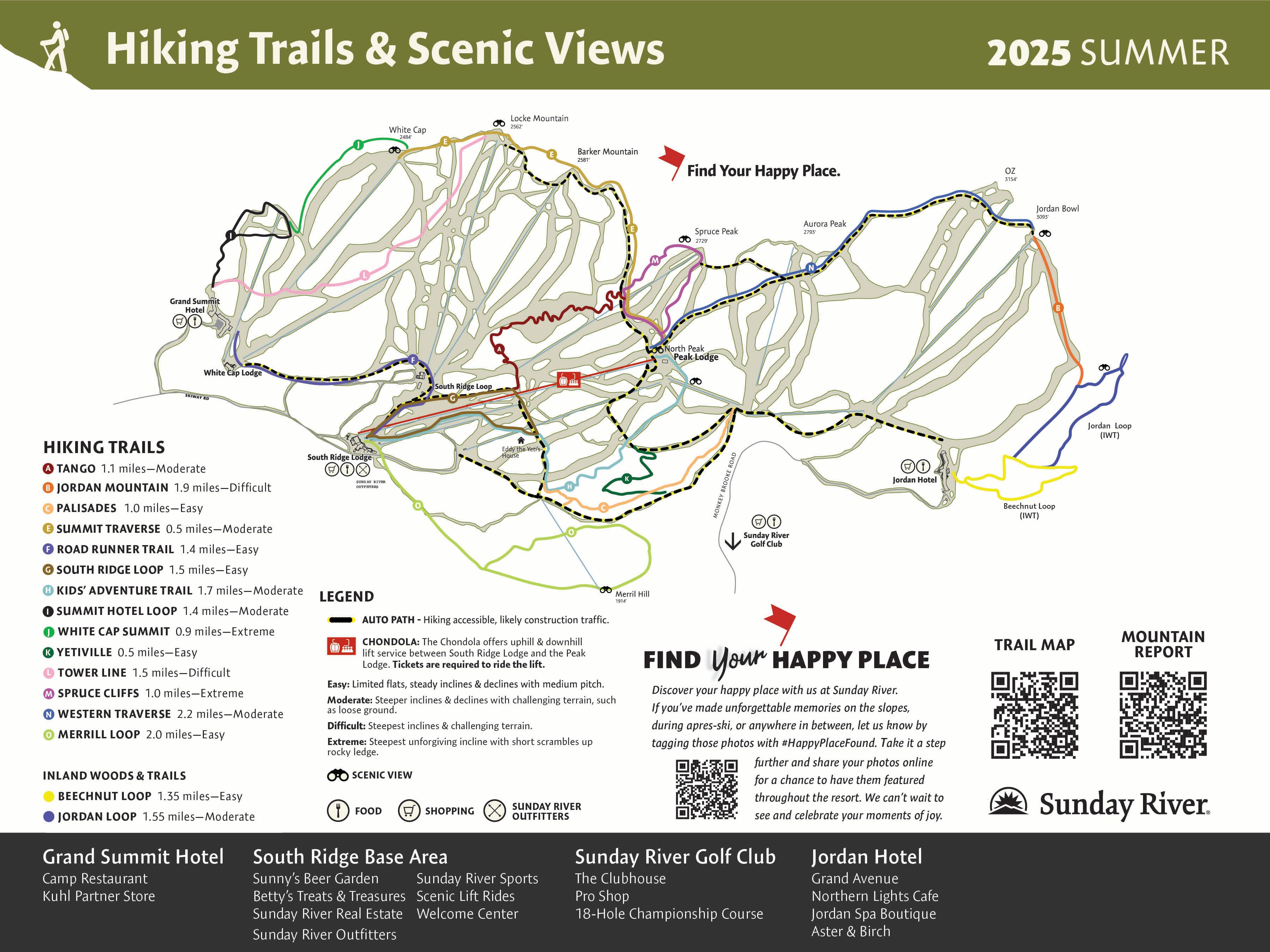 2025 Summer hiking trails map at Sunday River Resort.