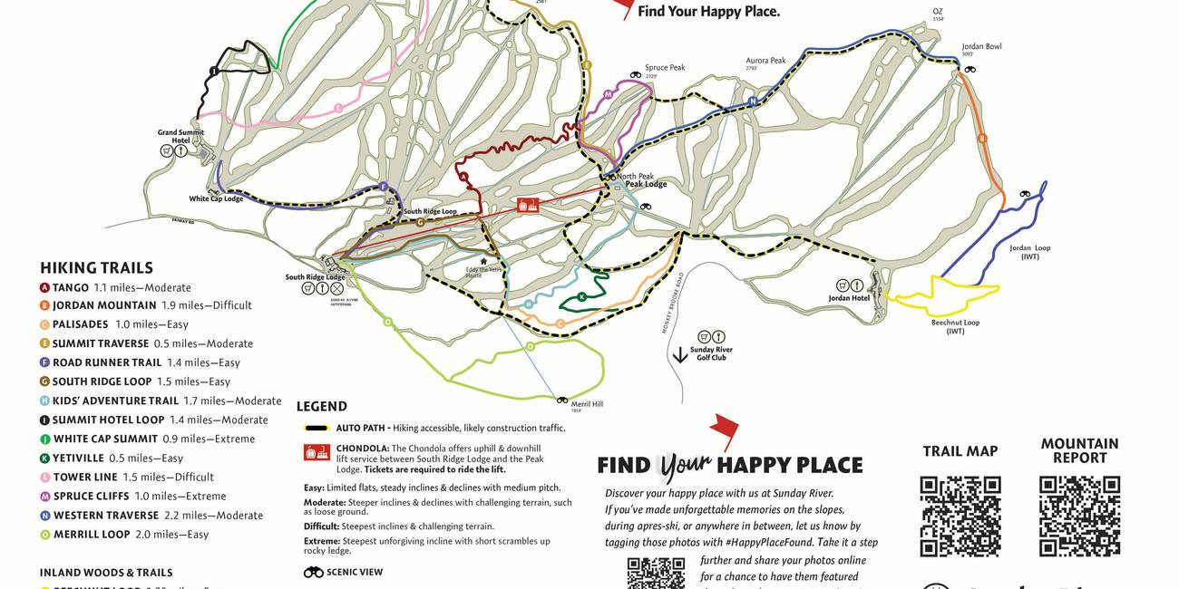 2025 Summer hiking trails map at Sunday River Resort.