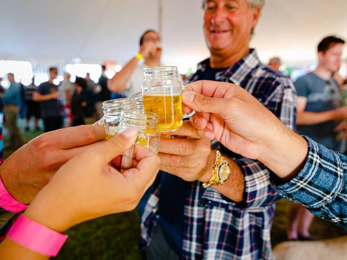 A group saying cheers and clinking their mugs at Maine Brew Fest.