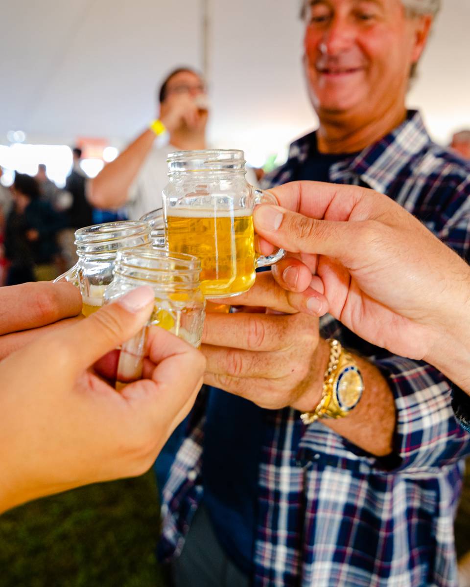 A group saying cheers and clinking their mugs at Maine Brew Fest.