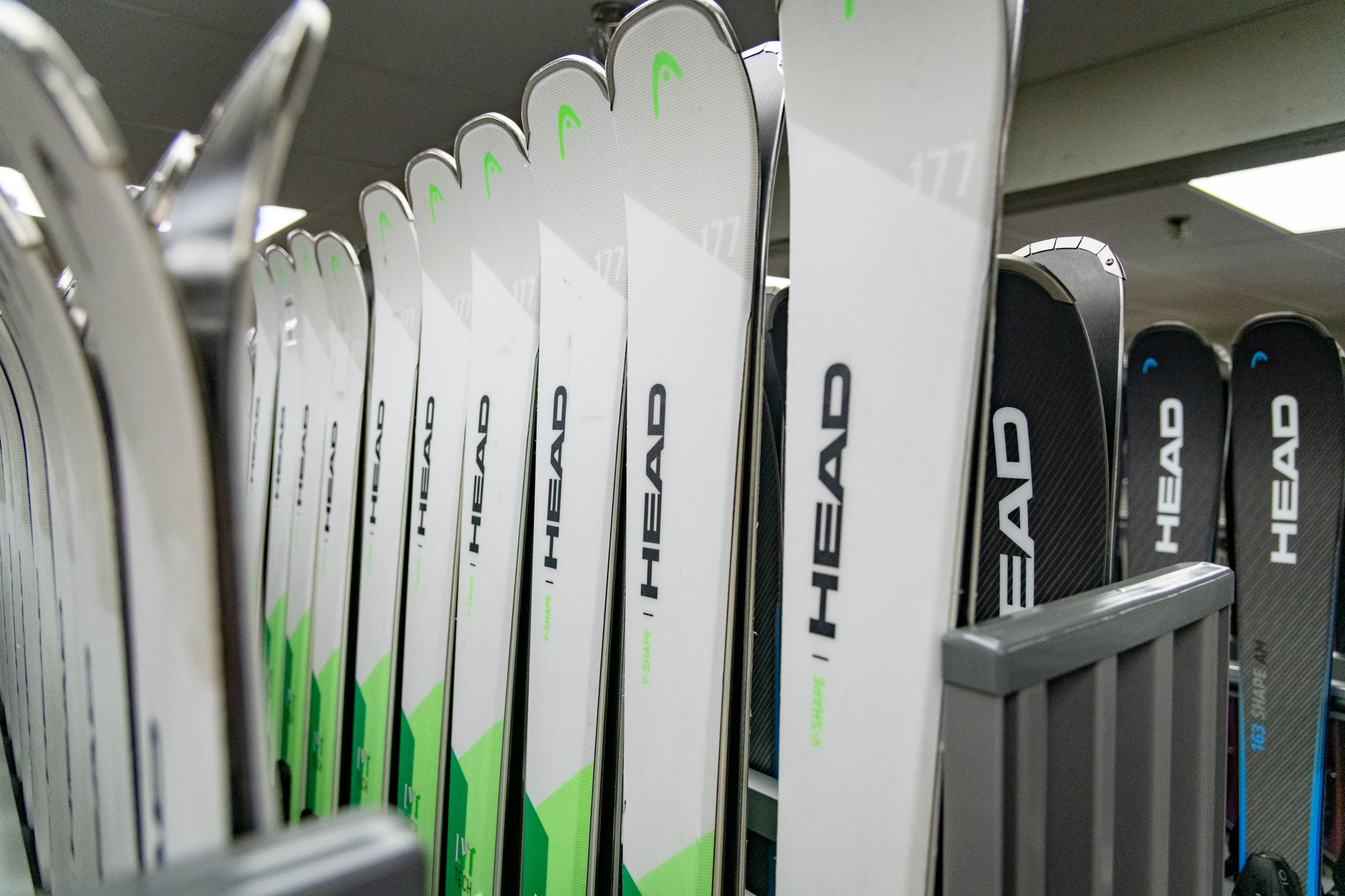 A fleet of HEAD skis at Sunday River's Rental Shop.