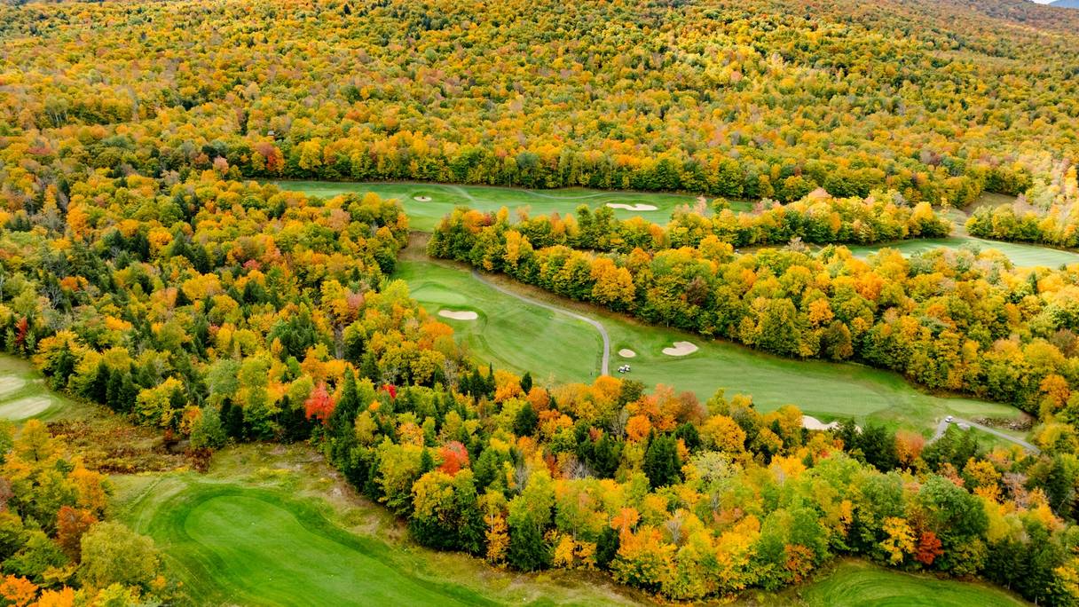An aerial view of the Sunday River Golf Club in the summer.