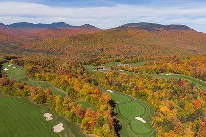 An aerial view of the Sunday River Golf Club in the fall.