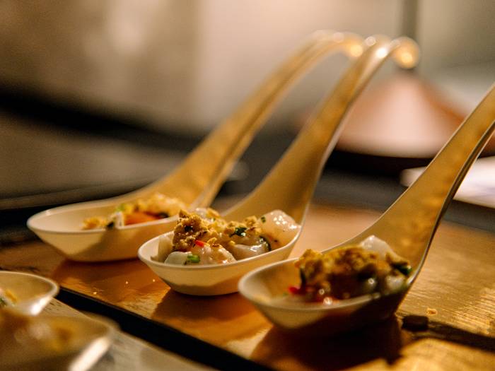 A line of small bites at the Chef Summit at Sunday River.