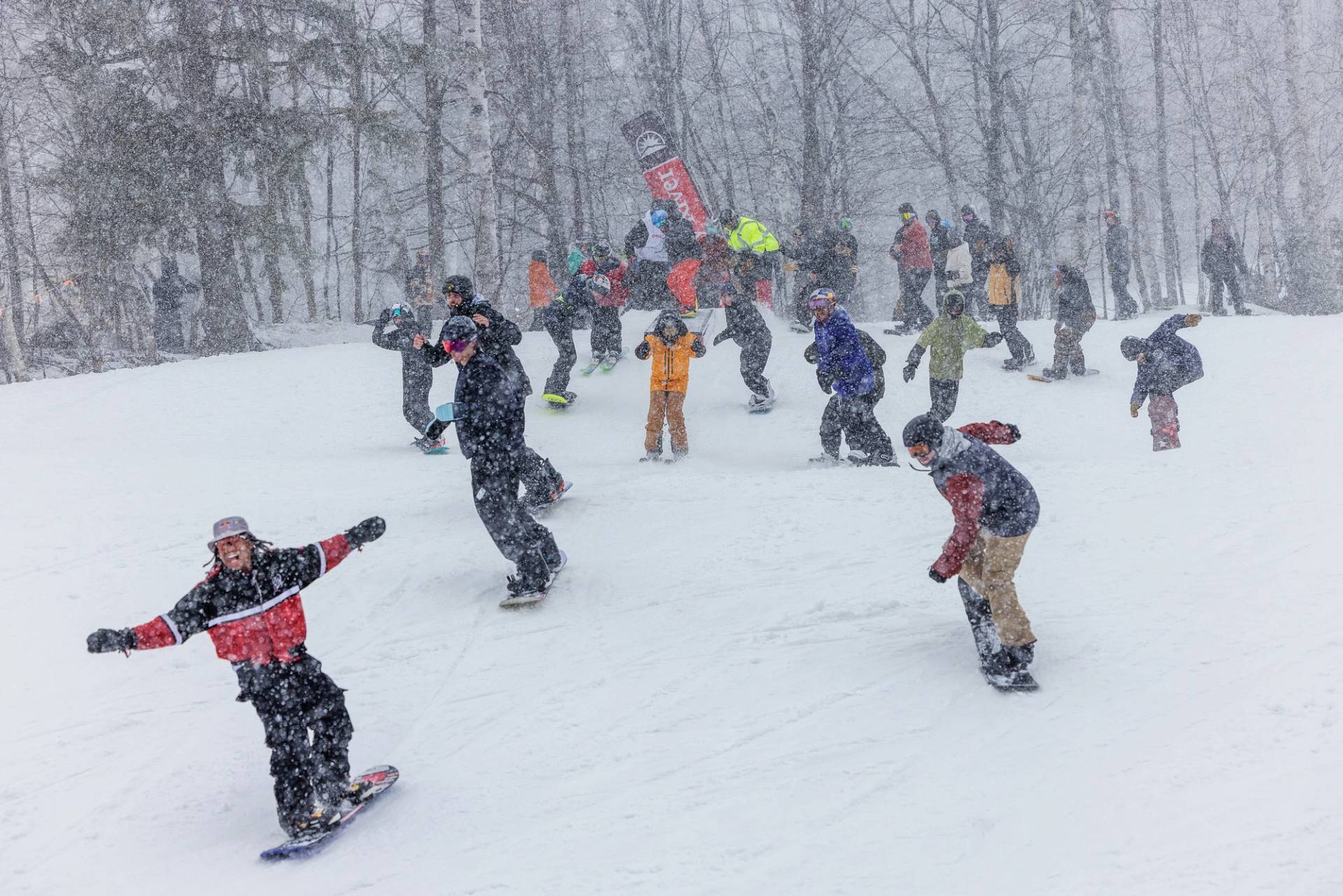 A group of snowboarders at Sunday River, ME