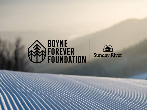 Boyne Forever Foundation Logo with Sunday River on top of scenic background.