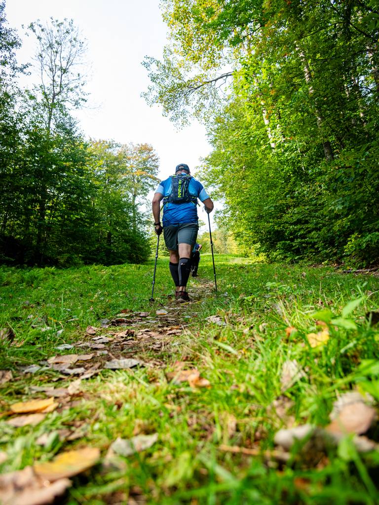 A hiker walking up a trail.