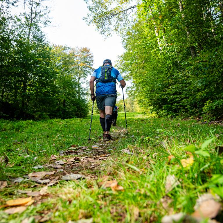 A hiker walking up a trail.