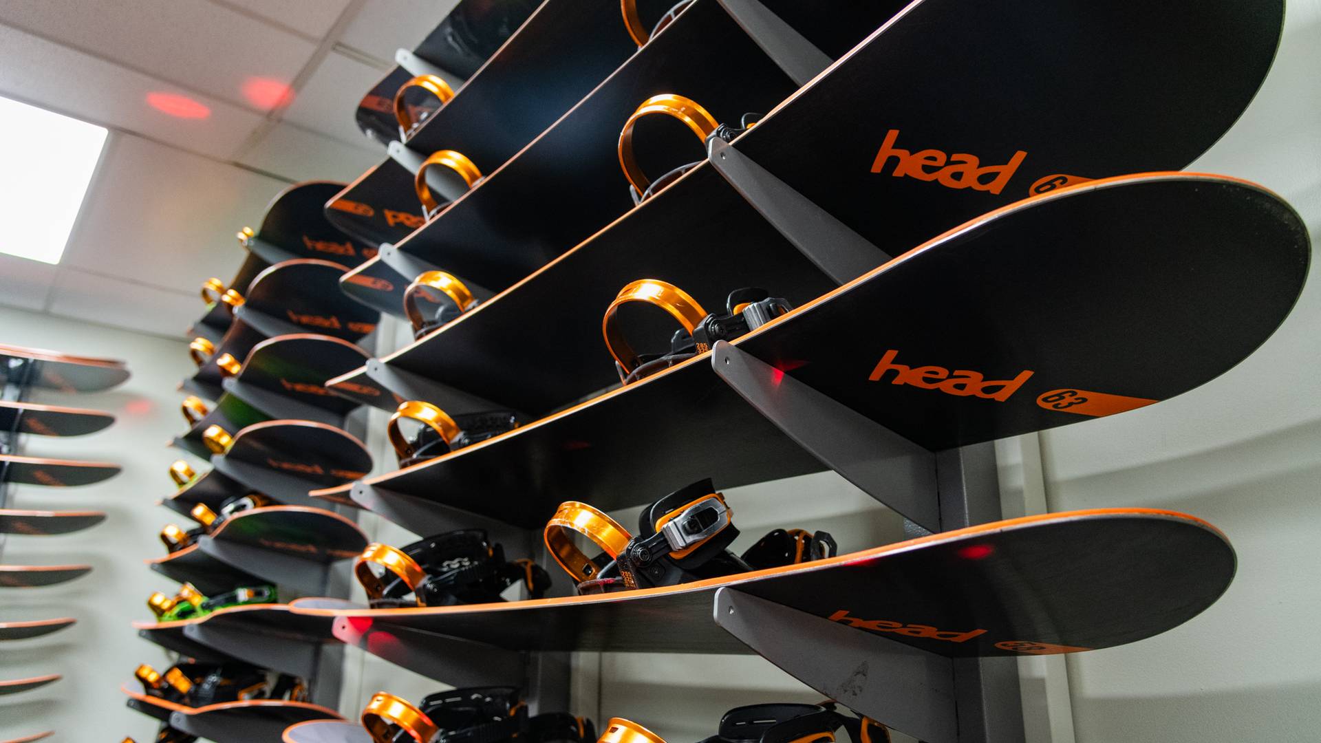Rental snowboards at Sunday River's rental shop.