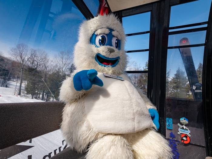 Eddy the Yeti at Sunday River in the Chondola.