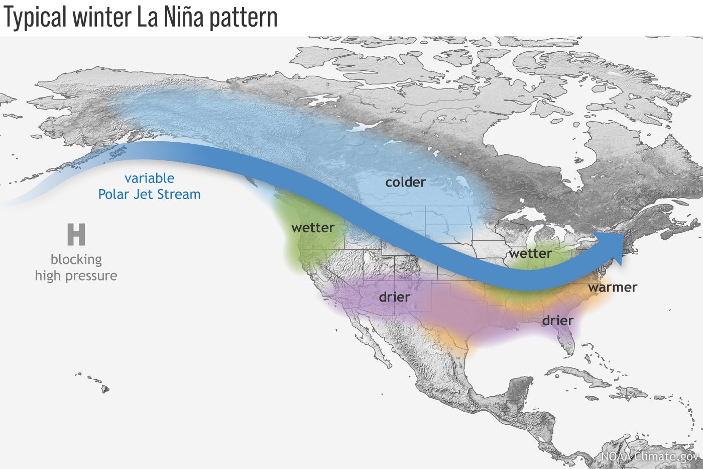A map depicting typical winter La Niña patterns