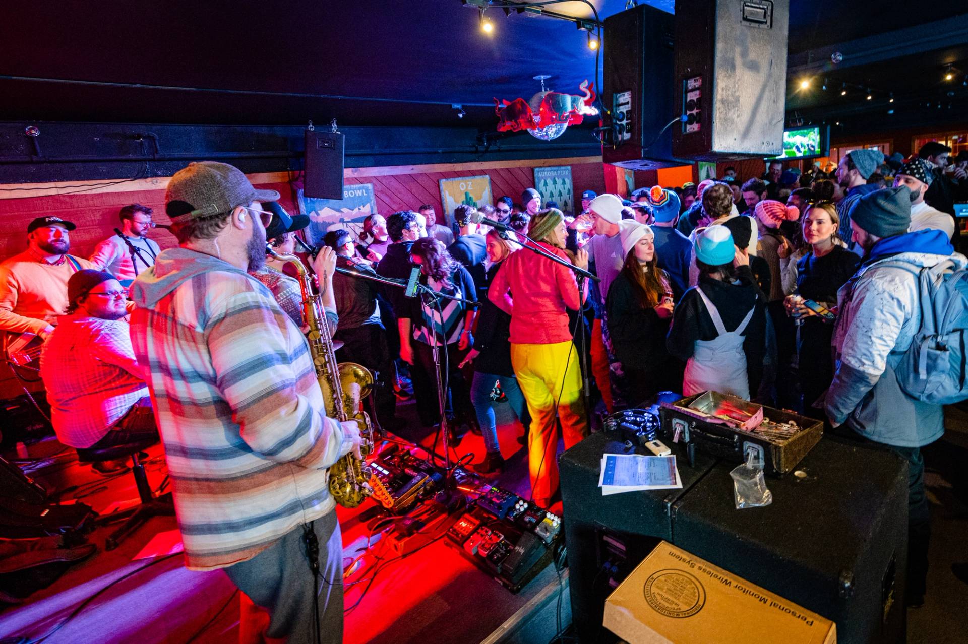 People dancing to a band at Sunday River's Foggy Goggle Restaurant. 