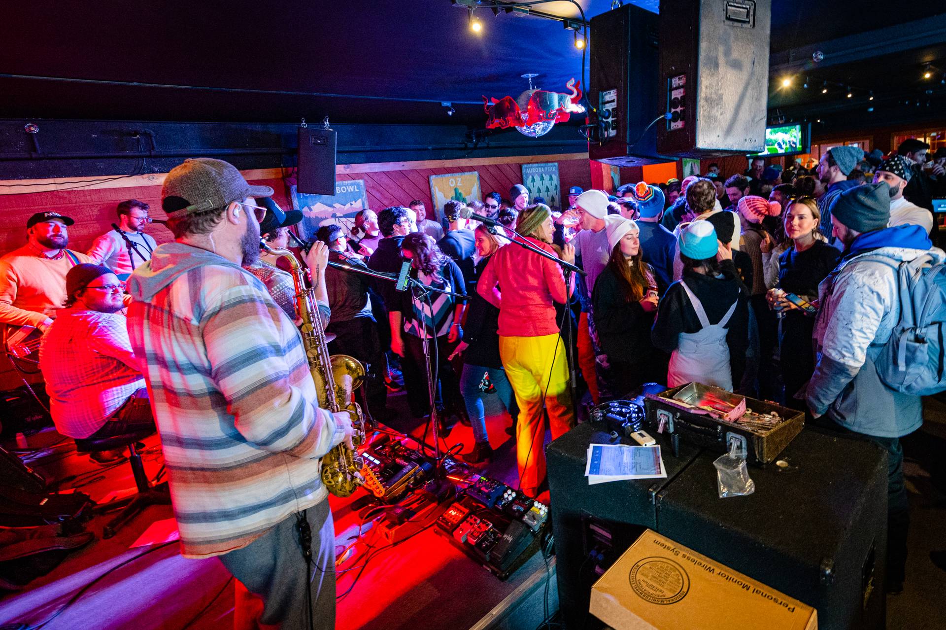 People dancing to a band at Sunday River's Foggy Goggle Restaurant.