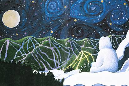 The copy of an illustration of Eddy the Yeti looking at Sunday River.