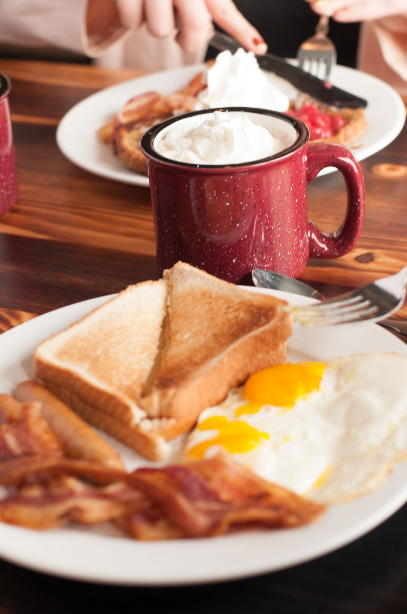 Breakfast at Camp at Sunday River with bacon, eggs, and toast.