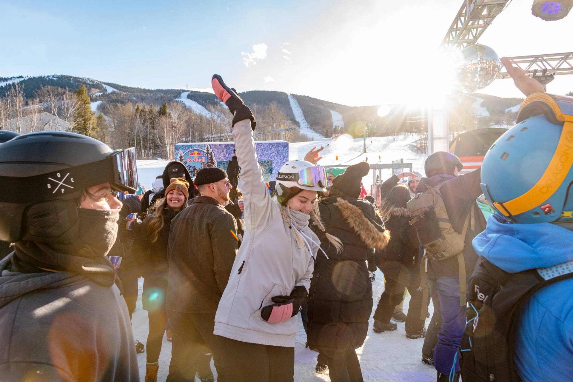 Skiers and riders dancing at Sunday River.