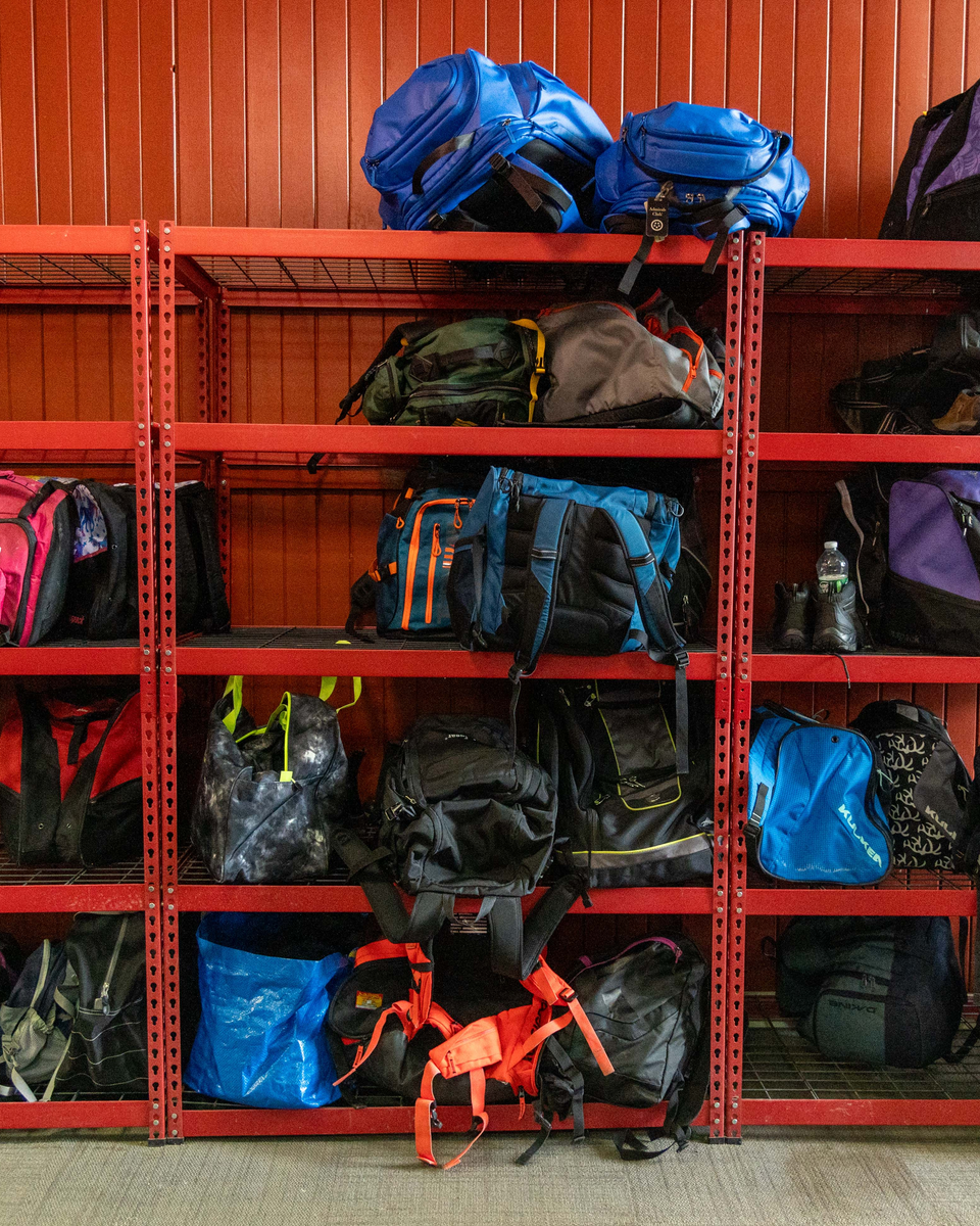 Bags on shelves in The Bag