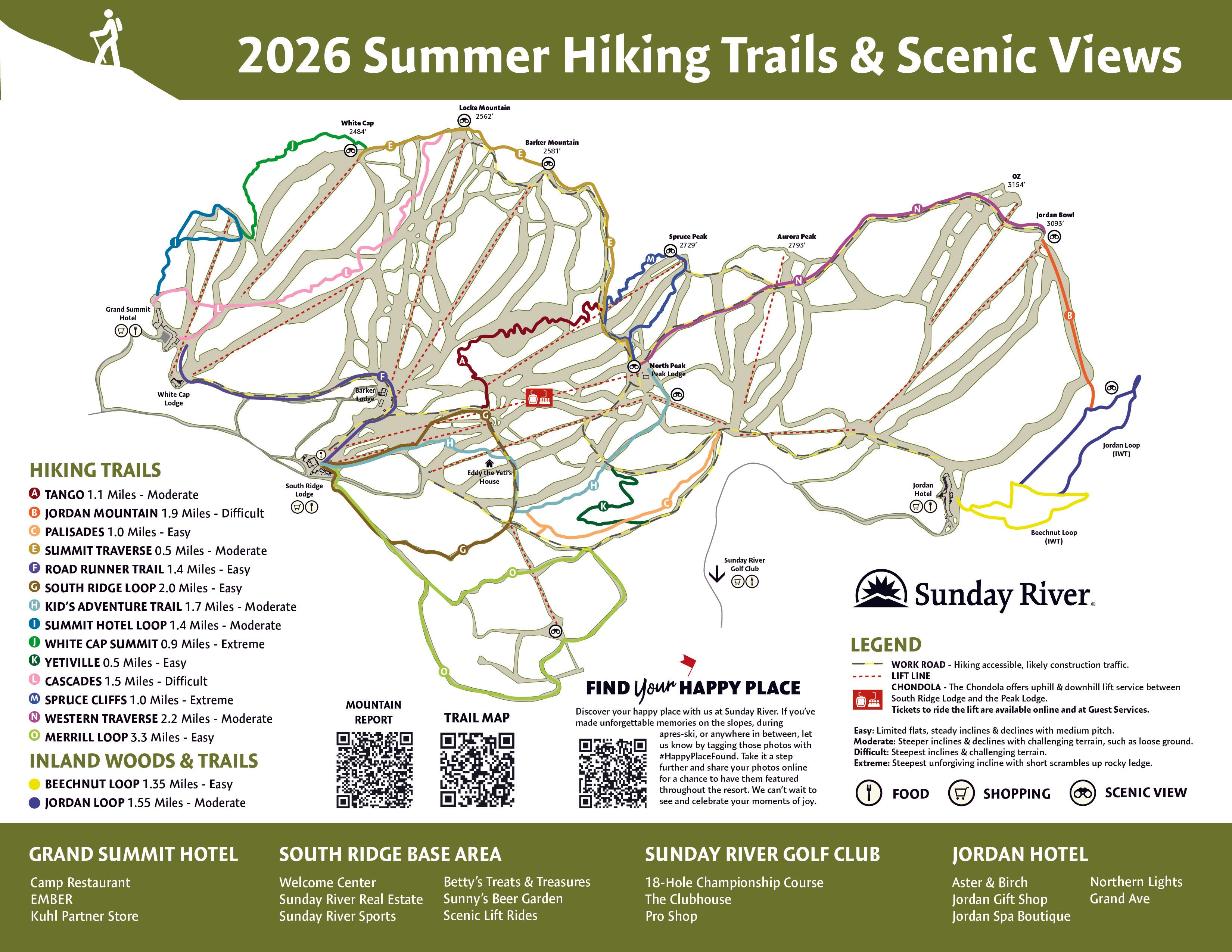 2026 Summer hiking trails map at Sunday River Resort.