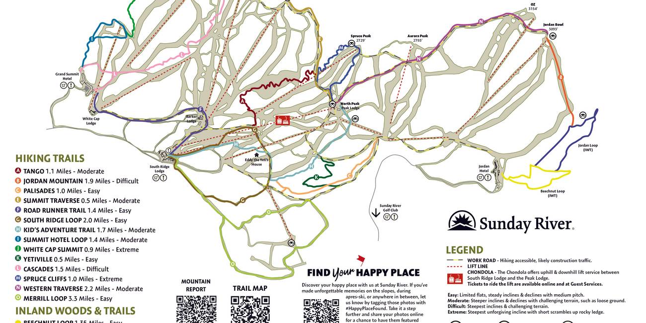 2026 Summer hiking trails map at Sunday River Resort.