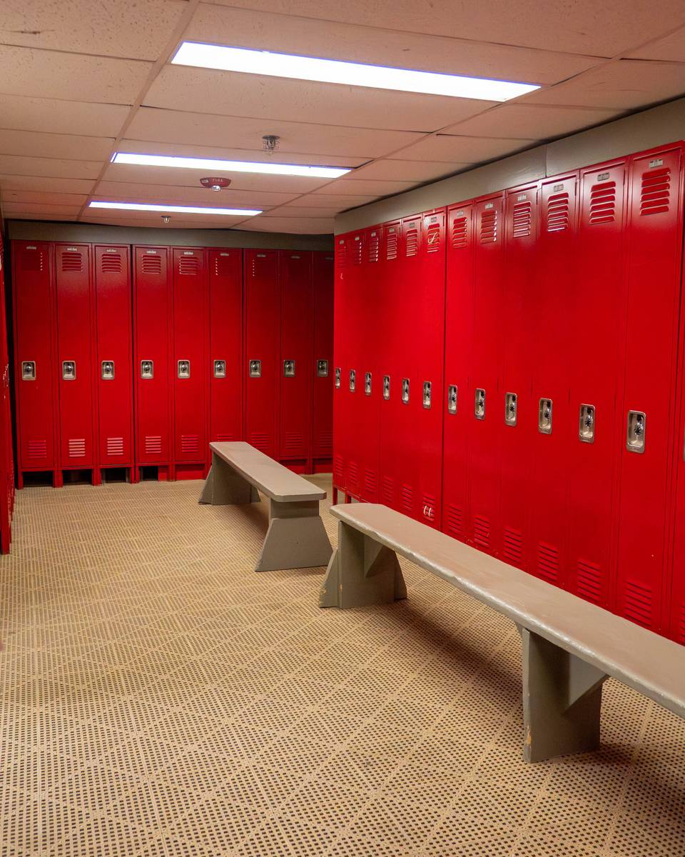 South Ridge Locker rooms with bright red lockers.