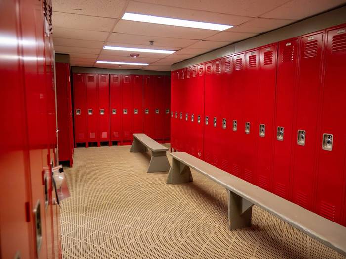 South Ridge Locker rooms with bright red lockers.