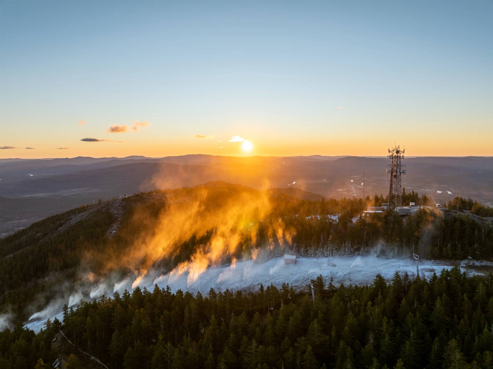 A drone shot of snowmaking at Sunday River