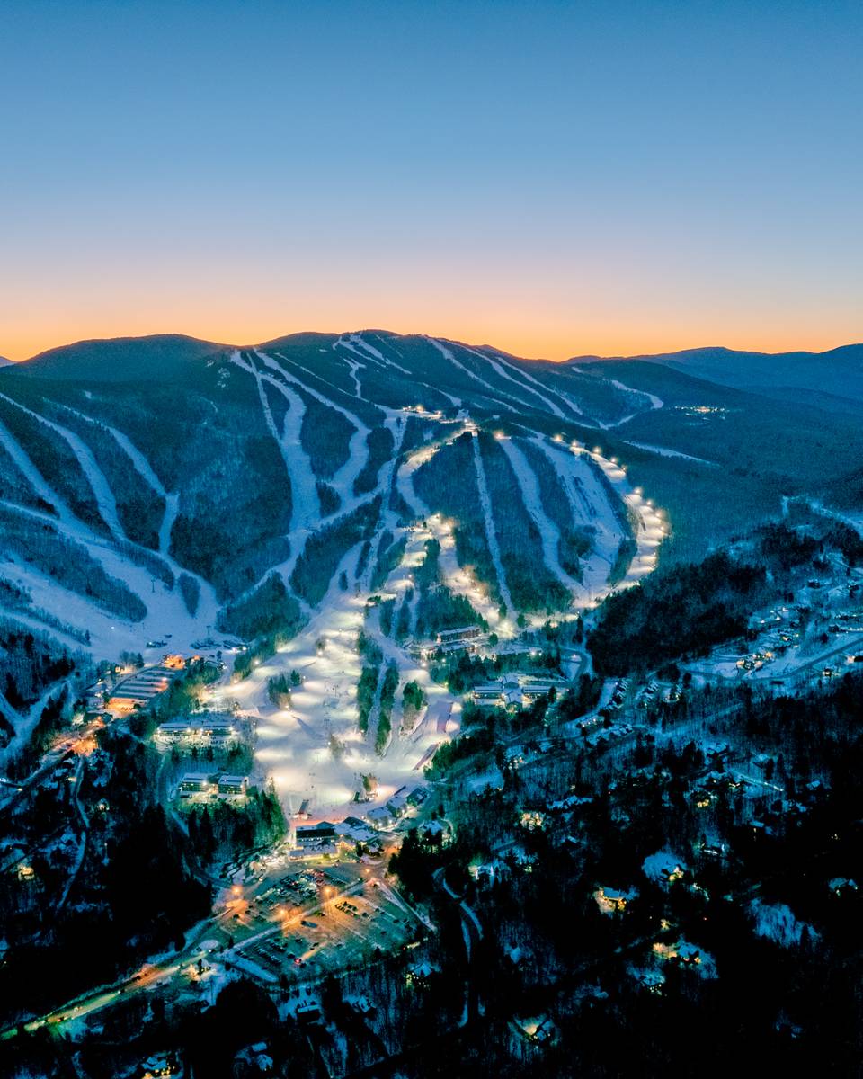Twilight skiing trails lit from an aerial view at Sunday River.